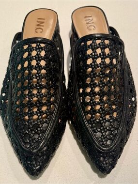 INC International Concepts Black Woven Leather Slip-On Mules